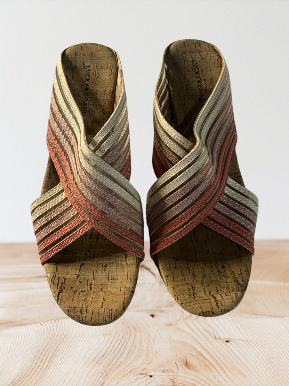 Lucky Brand Multistripe Cork Wedge Mules in Coral, Cream & Tan size 10